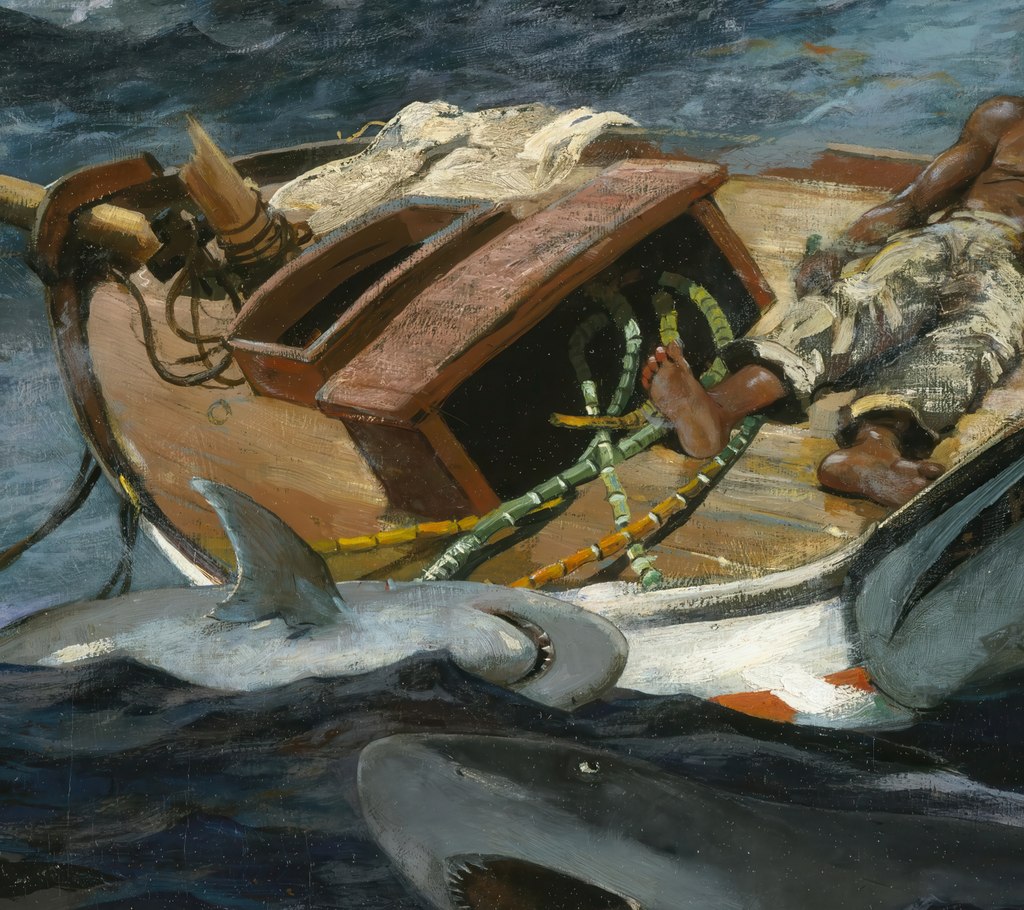 Broken boat and scattered cargo detail from The Gulf Stream by Winslow Homer